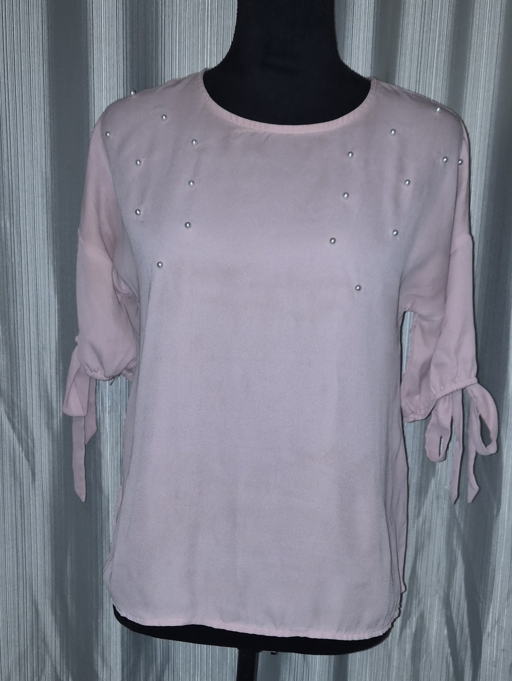 Women’s Light Pink Pearl-Embellished Tie-Sleeve Blouse
